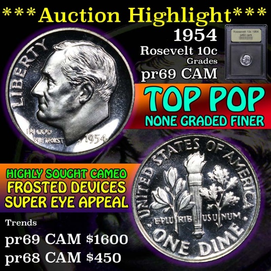 ***Auction Highlight*** 1954 Roosevelt Dime 10c Graded GEM++ Proof Cameo By USCG (fc)