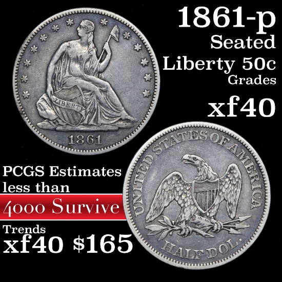 1861-p Seated Half Dollar 50c Grades xf