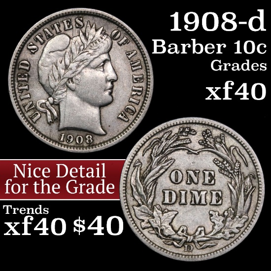 1908-d Barber Dime 10c Grades xf