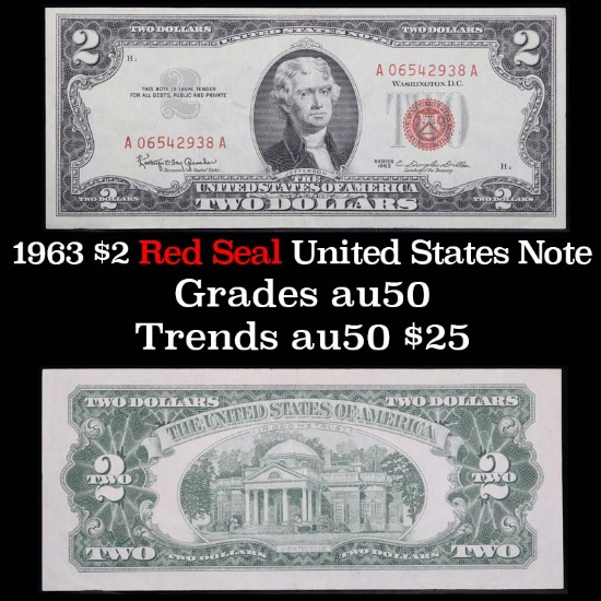 1963 $2 Red Seal United States Note Grades AU, Almost Unc