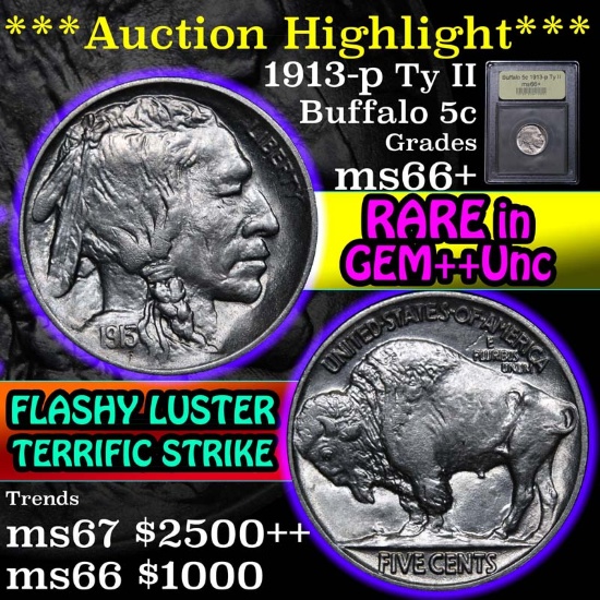 ***Auction Highlight*** 1913-p Ty II Buffalo Nickel 5c Graded GEM++ Unc By USCG (fc)