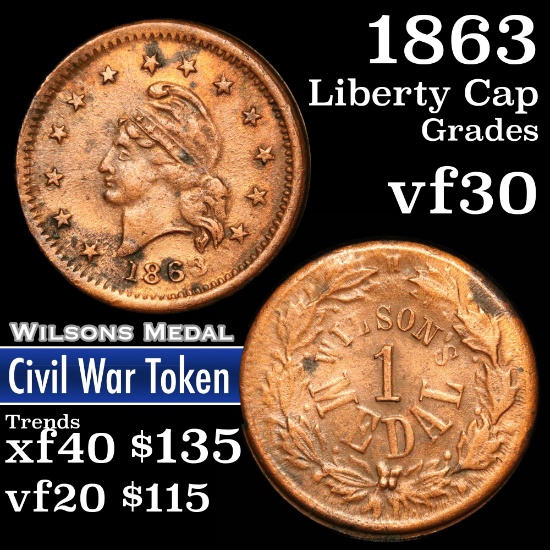1863 Wilson's Medal on Brass Civil War Token 1c Grades vf++