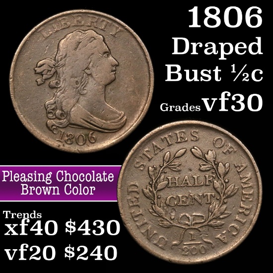 1806 Small 6, No Stems Draped Bust Half Cent 1/2c Grades vf++