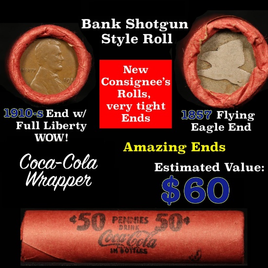 Lincoln Wheat cents 1c orig shotgun roll, 1910-s one end, 1857 Flying Eagle other end