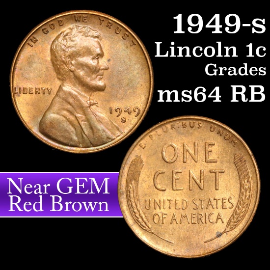 1949-s Lincoln Cent 1c Grades Choice Unc RB