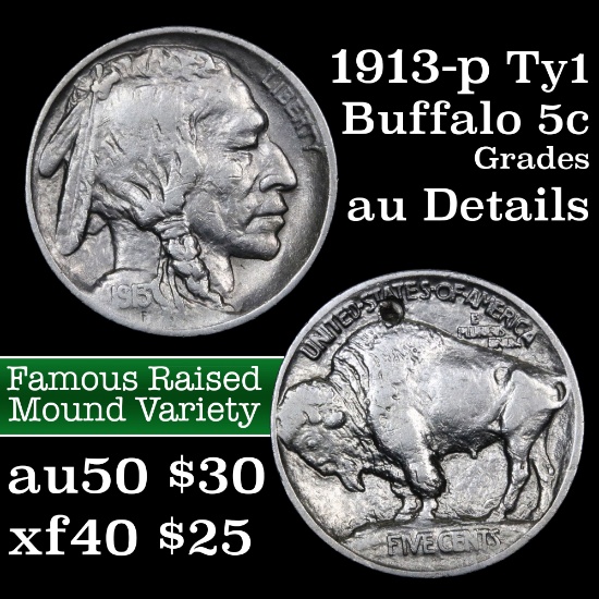 1913-p Ty I Buffalo Nickel 5c Grades AU Details