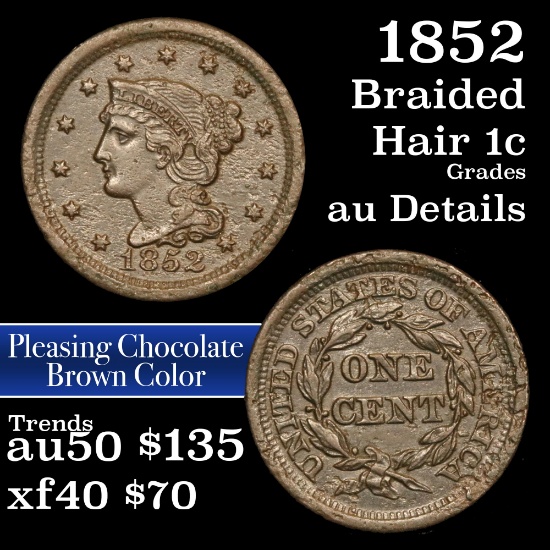 1852 Braided Hair Large Cent 1c Grades AU Details