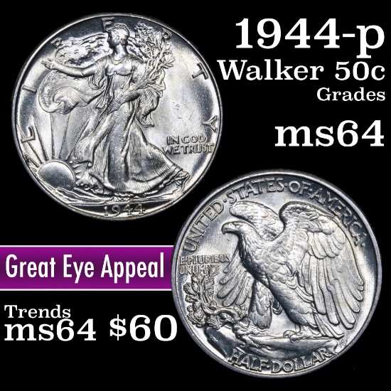 1944-p Walking Liberty Half Dollar 50c Grades Choice Unc