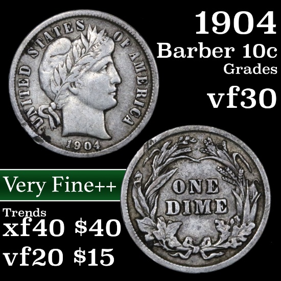 1904-p Barber Dime 10c Grades vf++