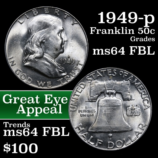 1949-p Franklin Half Dollar 50c Grades Choice Unc FBL