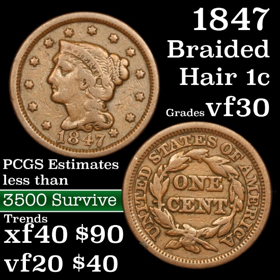 1847 Braided Hair Large Cent 1c Grades vf++