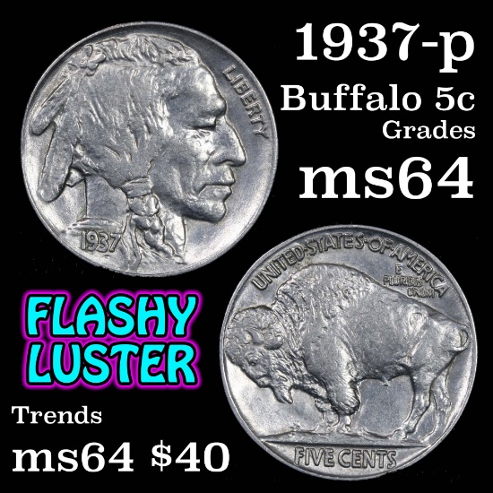 1937-p Buffalo Nickel 5c Grades Choice Unc