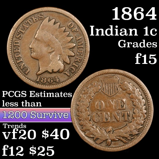 1864 Bronze Indian Cent 1c Grades f+