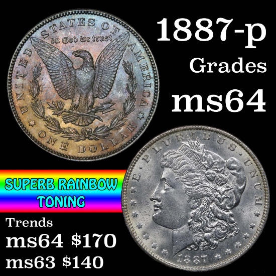 1887-p Rainbow toned Morgan Dollar $1 Grades Choice Unc