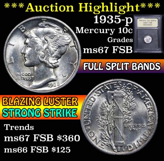 1935-p Mercury Dime 10c Graded GEM++ FSB by USCG (fc)