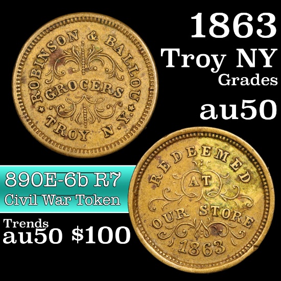 1863 New York, R7, 890E-6b Civil War Token 1c Grades AU, Almost Unc