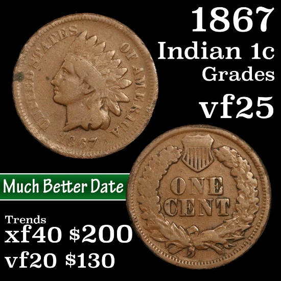 1867 Indian Cent 1c Grades vf+