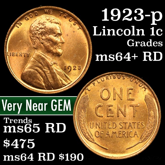 1923-p Lincoln Cent 1c Grades Choice+ Unc RD (fc)