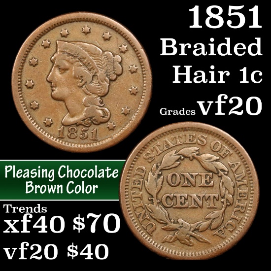 1851 Braided Hair Large Cent 1c Grades vf++