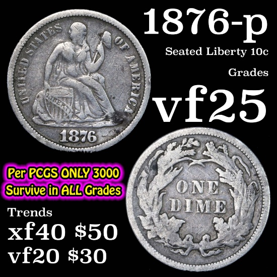 1876-p Seated Liberty Dime 10c Grades vf+