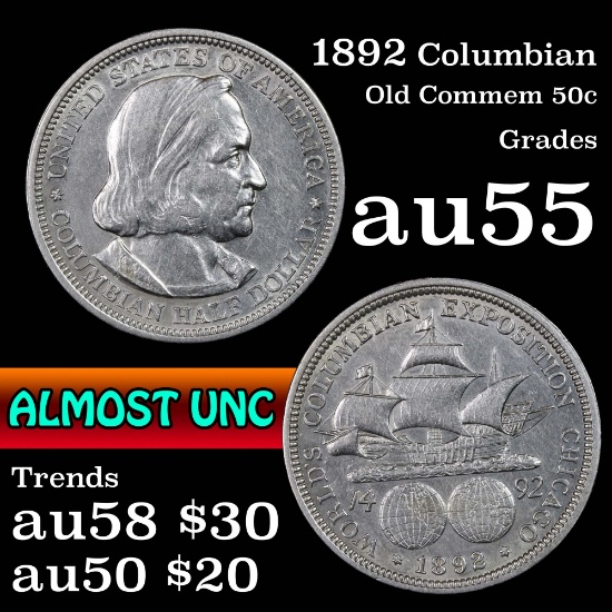1892 Columbian Old Commem Half Dollar 50c Grades Choice AU