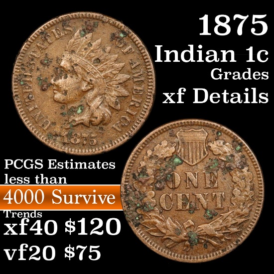 1875 Indian Cent 1c Grades xf details