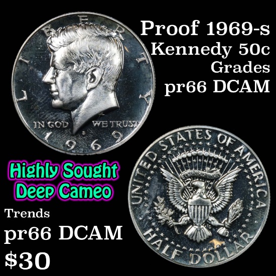 Proof 1969-s Kennedy Half Dollar 50c Grades GEM+ Proof Deep Cameo