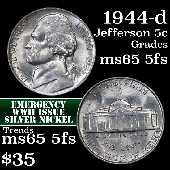 1944-d Jefferson Nickel 5c Grades GEM 5fs