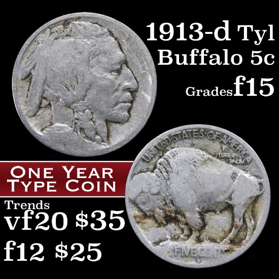 1913-d Ty I Buffalo Nickel 5c Grades f+