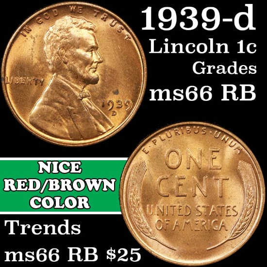 1939-d Lincoln Cent 1c Grades GEM+ Unc RB