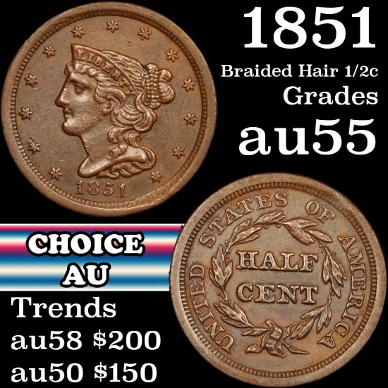 1851 Braided Hair Half Cent 1/2c Grades Choice AU