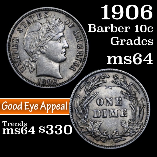 1906-p Barber Dime 10c Grades Choice Unc (fc)