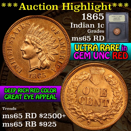 ***Auction Highlight*** 1865 Indian Cent 1c Graded GEM Unc RD by USCG (fc)