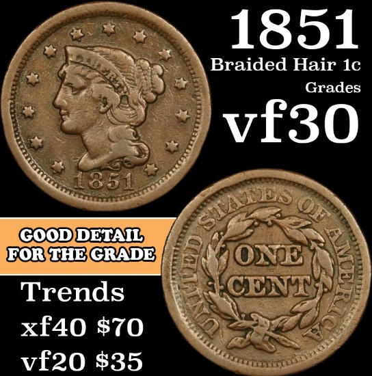 1851 Braided Hair Large Cent 1c Grades vf++