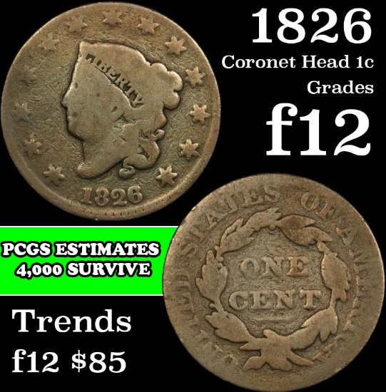 1826 Coronet Head Large Cent 1c Grades f, fine