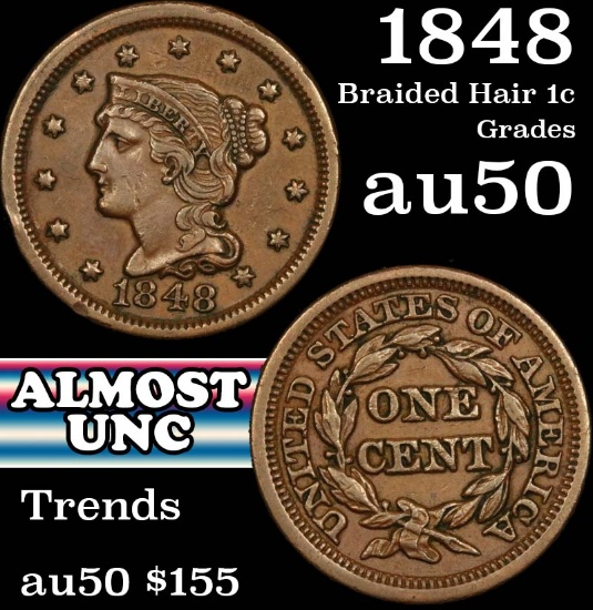 1848 Braided Hair Large Cent 1c Grades AU, Almost Unc