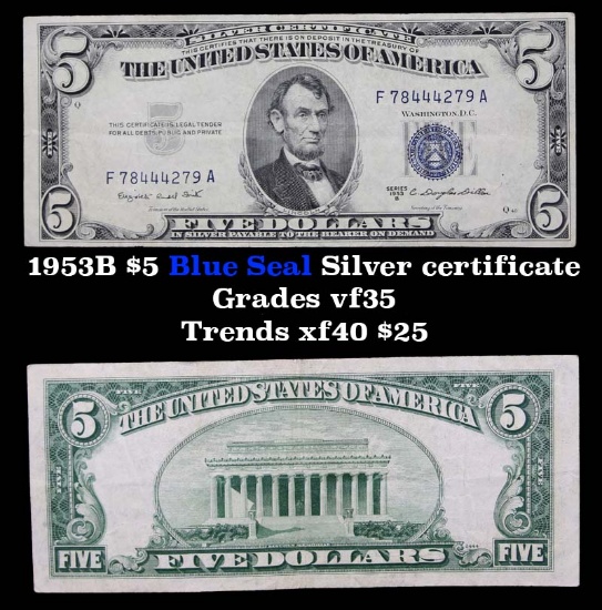 1953B $5 Blue Seal Silver certificate Grades vf++