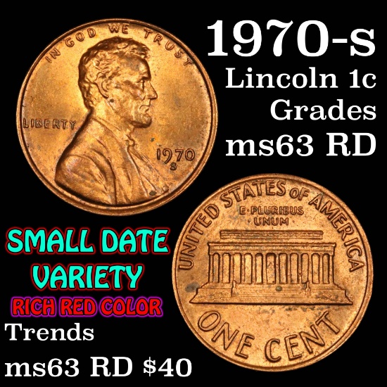 1970-s Small date Lincoln Cent 1c Grades Select Unc RD