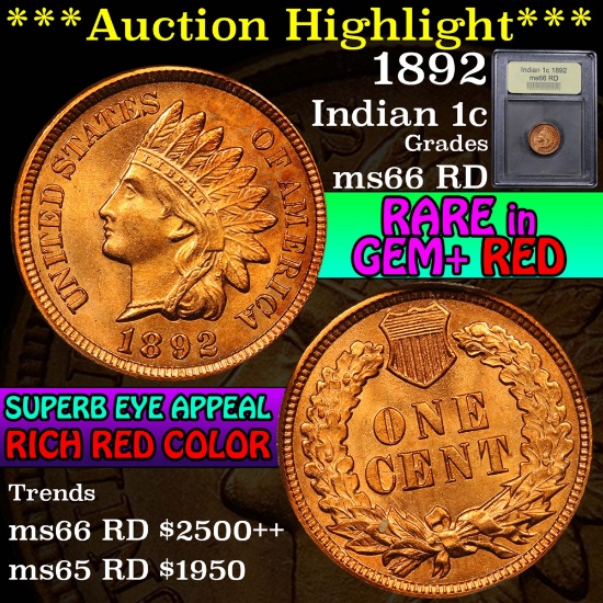 ***Auction Highlight*** 1892 Indian Cent 1c Graded GEM+ Unc RD by USCG (fc)