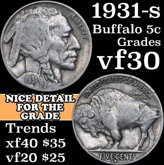 1931-s Buffalo Nickel 5c Grades vf++