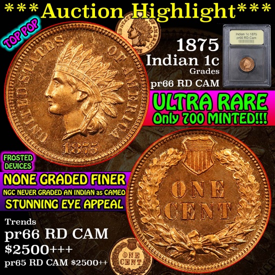 ***Auction Highlight*** Proof 1875 Indian Cent 1c Graded Gem+ Proof Cameo Red by USCG (fc)