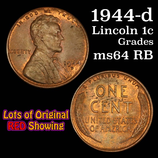 1944-d Lincoln Cent 1c Grades Choice Unc RB