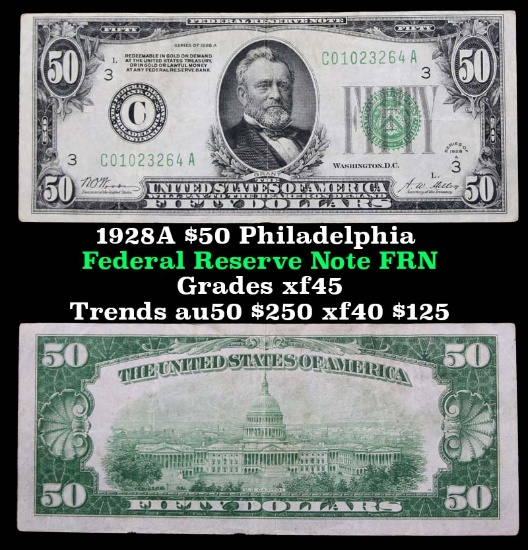 1928A $50 Philadelphia Federal Reserve Note FRN Grades xf+