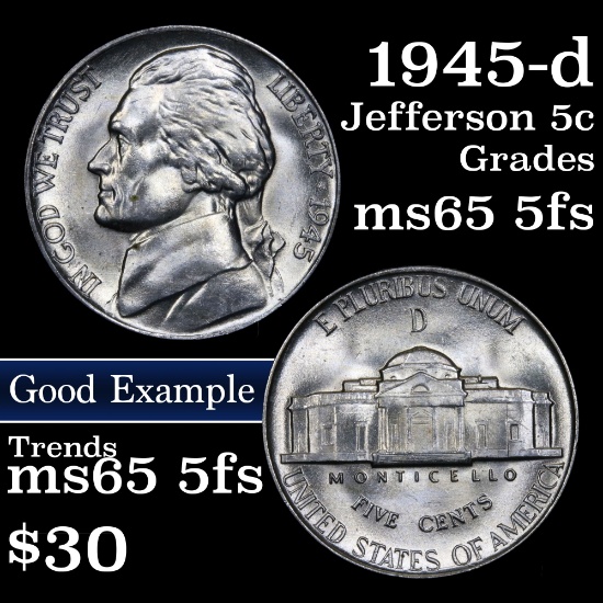 1945-d Jefferson Nickel 5c Grades GEM 5fs