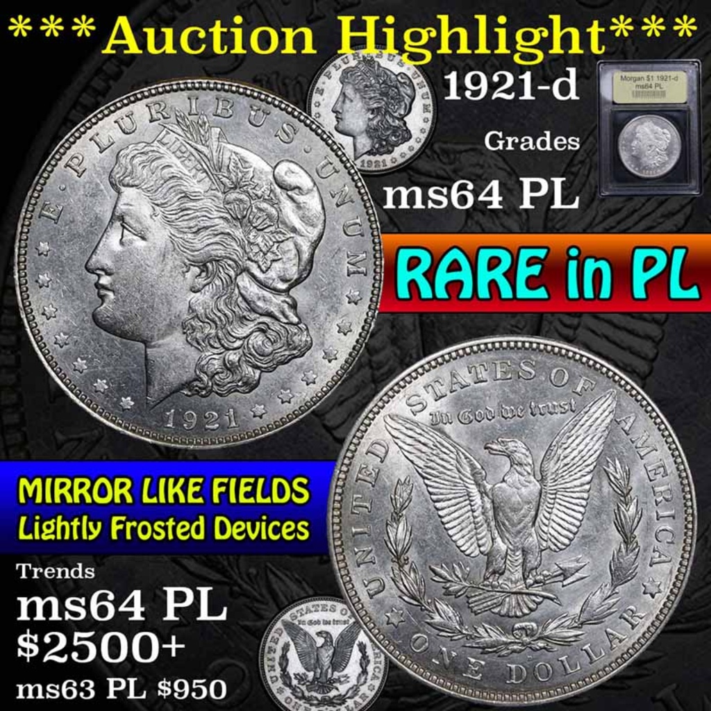 ***Auction Highlight*** 1921-d Rare in PL Morgan Dollar $1 Graded Choice Unc PL by USCG (fc)