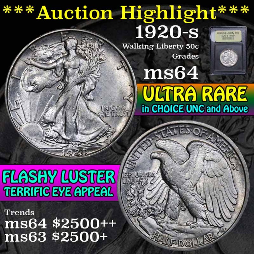 ***Auction Highlight*** 1920-s Walking Liberty Half Dollar 50c Graded Choice Unc by USCG (fc)