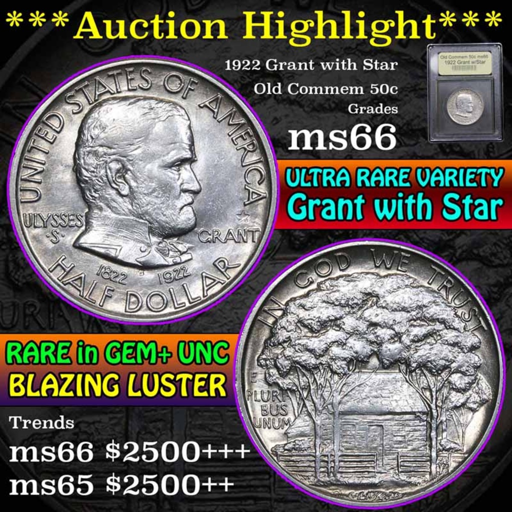 ***Auction Highlight*** 1922 Grant w/Star Old Commem Half Dollar 50c Graded GEM+ Unc by USCG (fc)