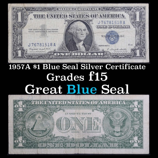 1957A $1 Blue Seal Silver Certificate Grades f+