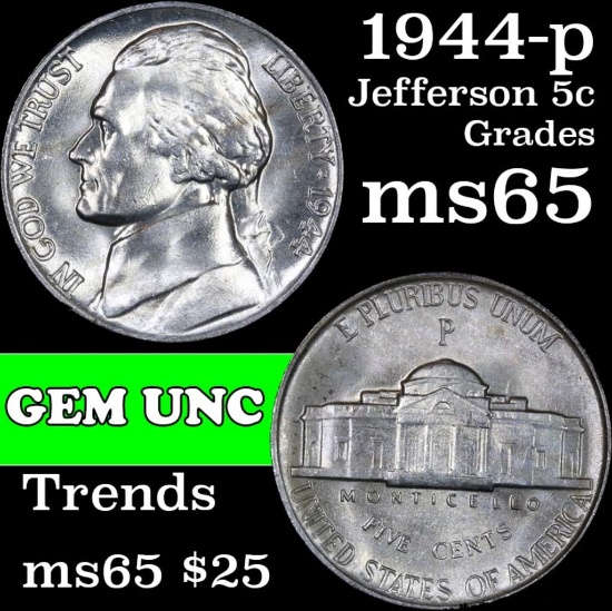 1944-p Jefferson Nickel 5c Grades GEM Unc