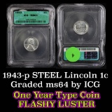 1943-p Lincoln Cent 1c Graded ms64 by ICG
